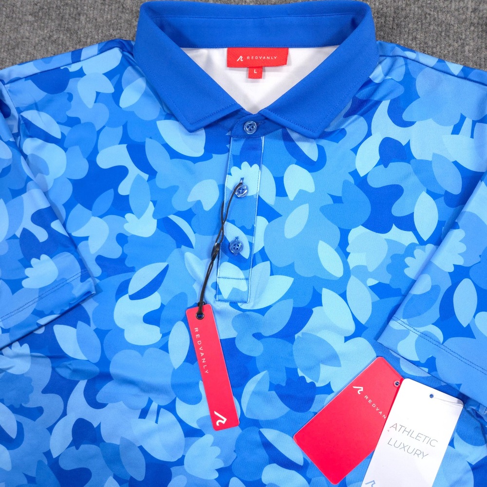 Redvanly Polo Shirt Mens Large Marine Blue Fluers Floral Camo Performance Golf